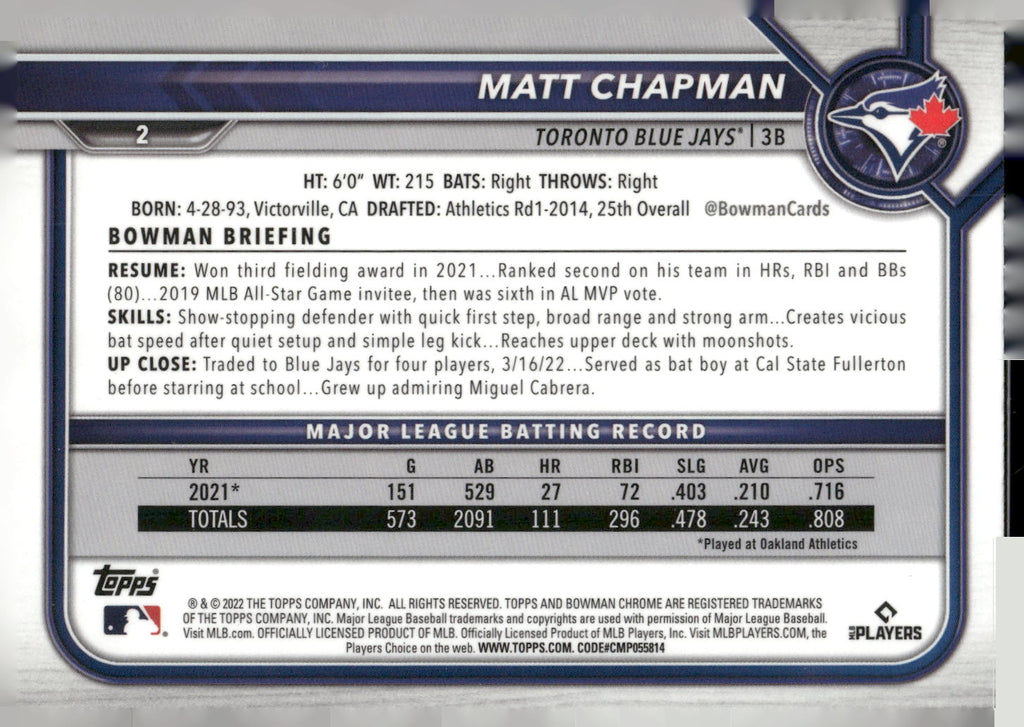 2022 Bowman Chrome #2 Matt Chapman