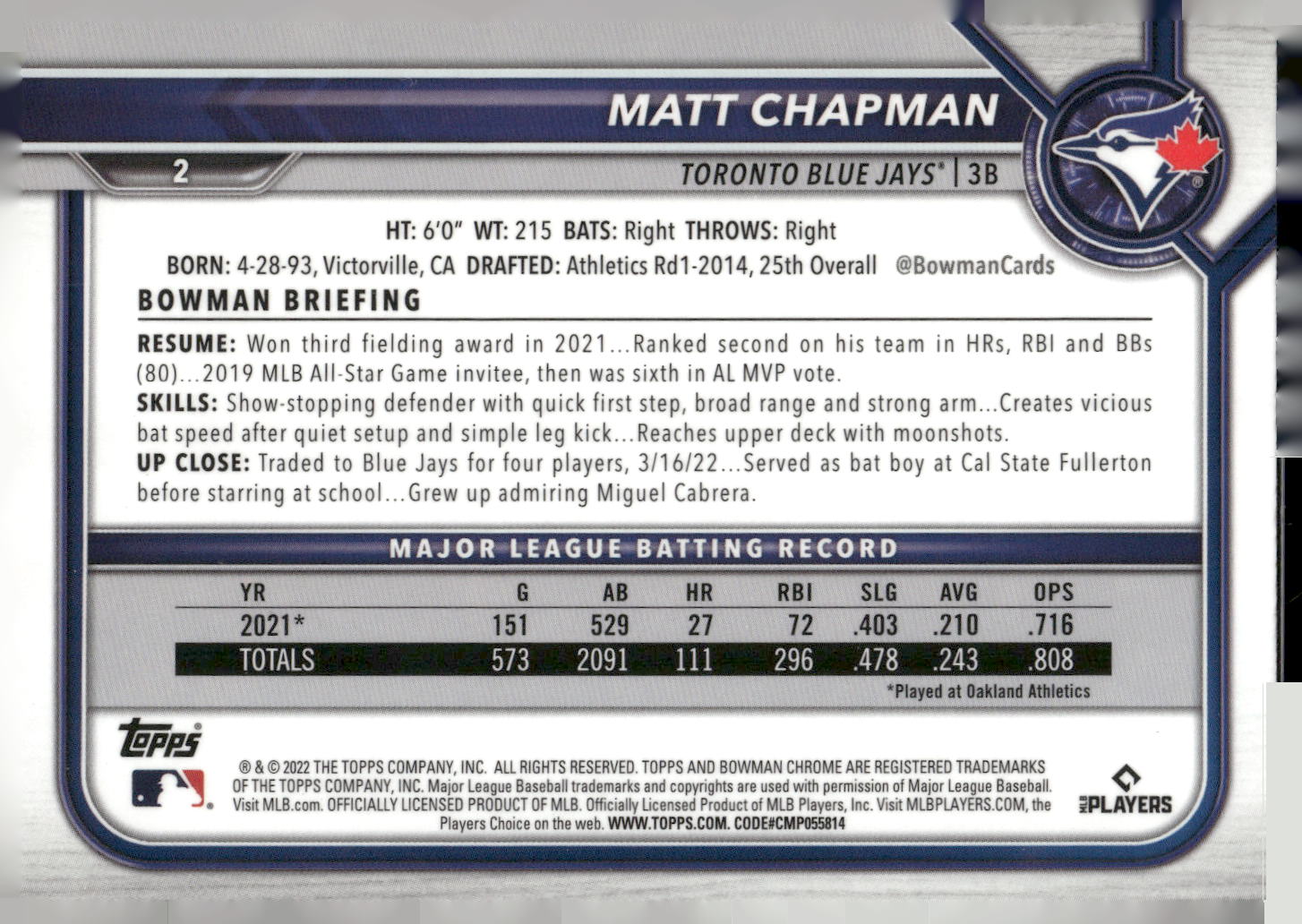 2022 Bowman Chrome #2 Matt Chapman