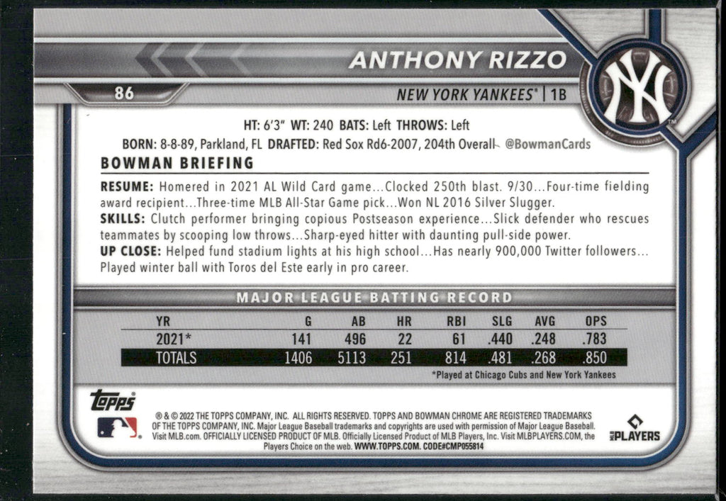 2022 Bowman Chrome #86 Anthony Rizzo