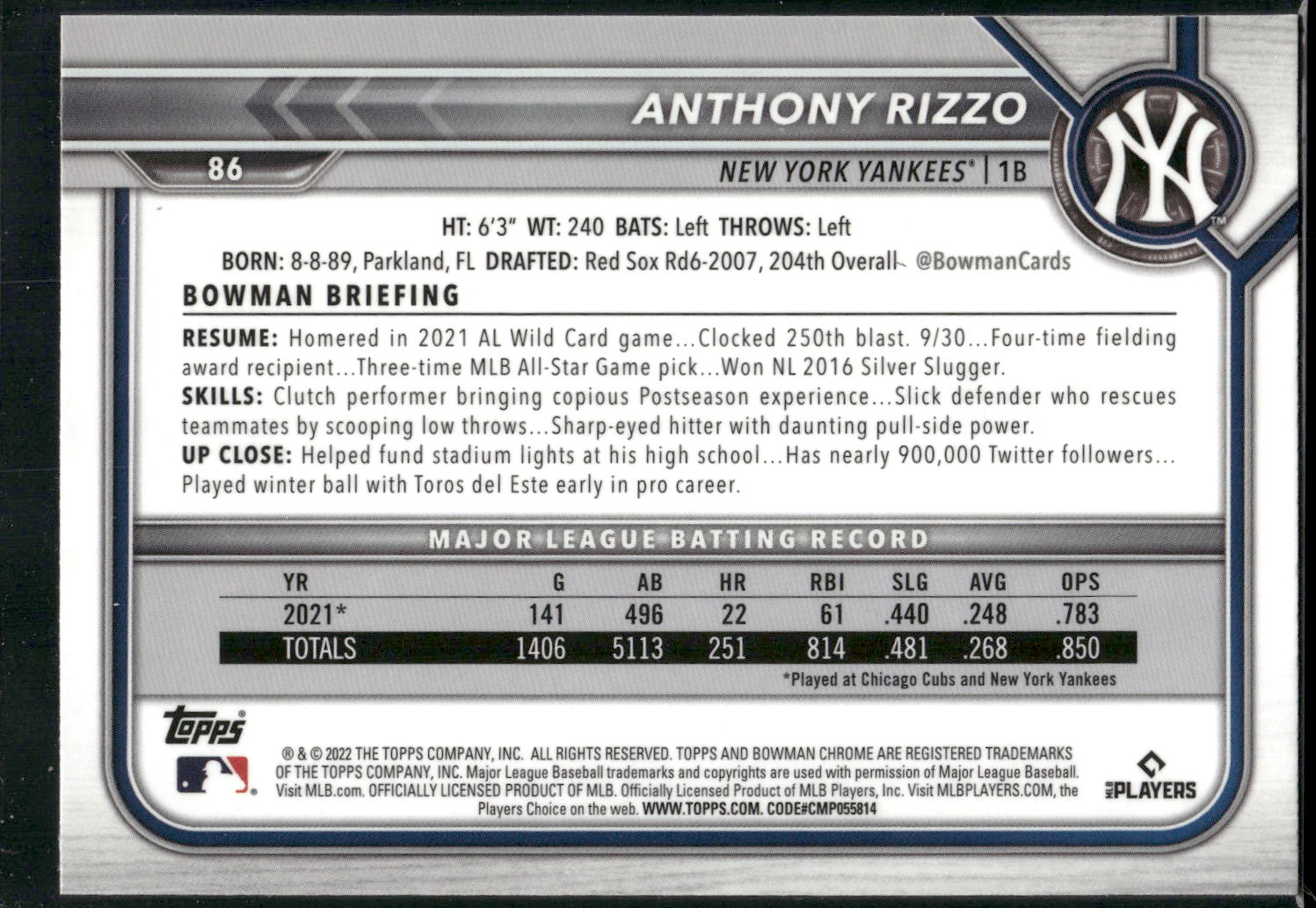 2022 Bowman Chrome #86 Anthony Rizzo