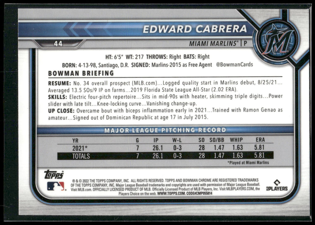 2022 Bowman Chrome #44 Edward Cabrera
