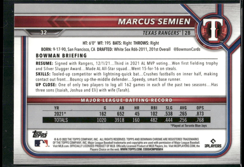 2022 Bowman Chrome #32 Marcus Semien