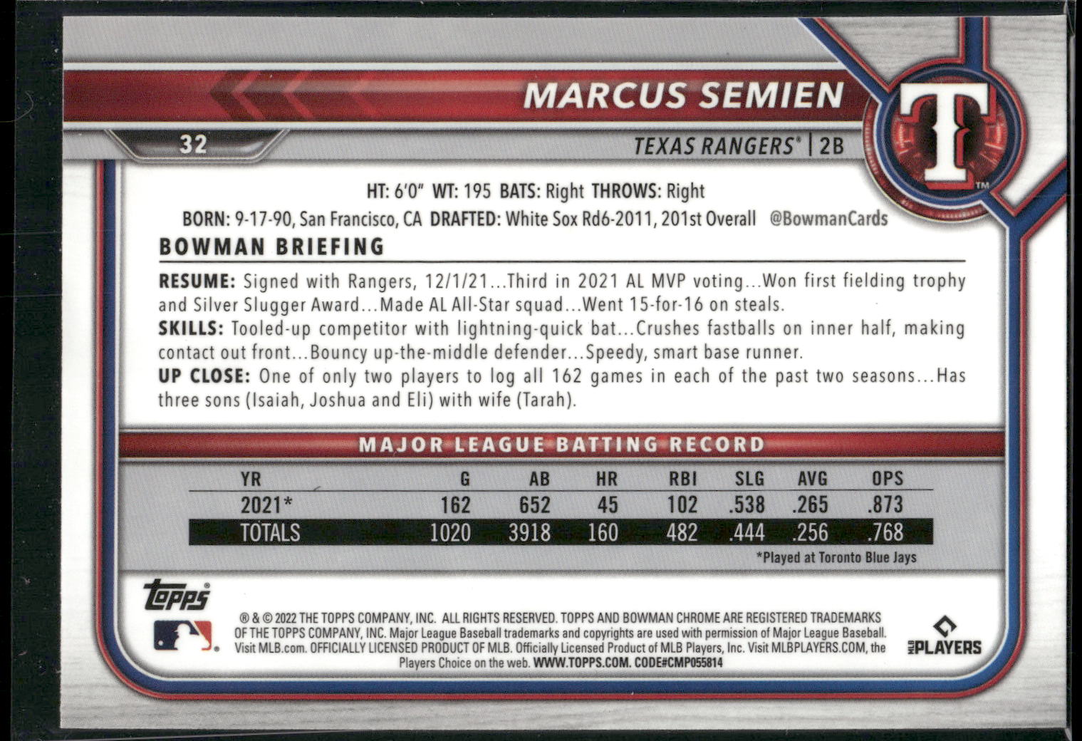 2022 Bowman Chrome #32 Marcus Semien