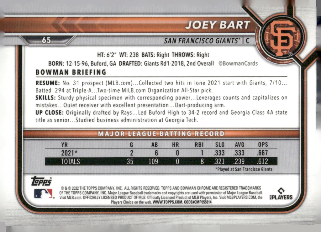 2022 Bowman Chrome #65 Joey Bart