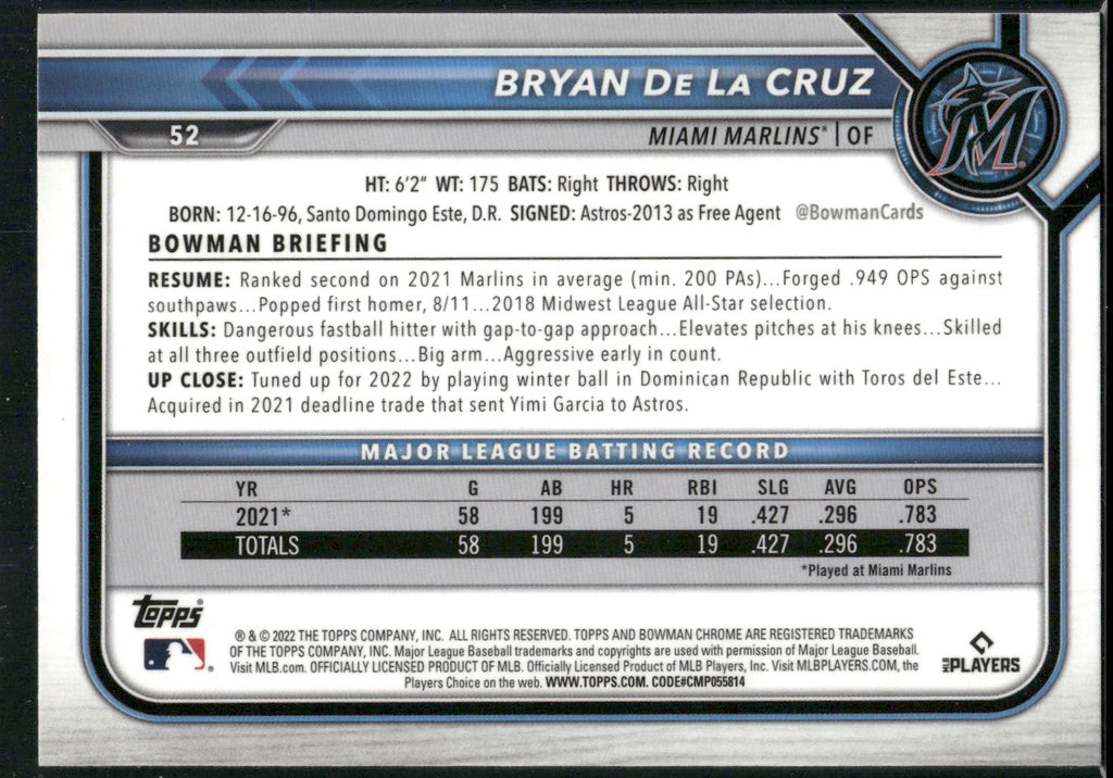 2022 Bowman Chrome #52 Bryan De La Cruz