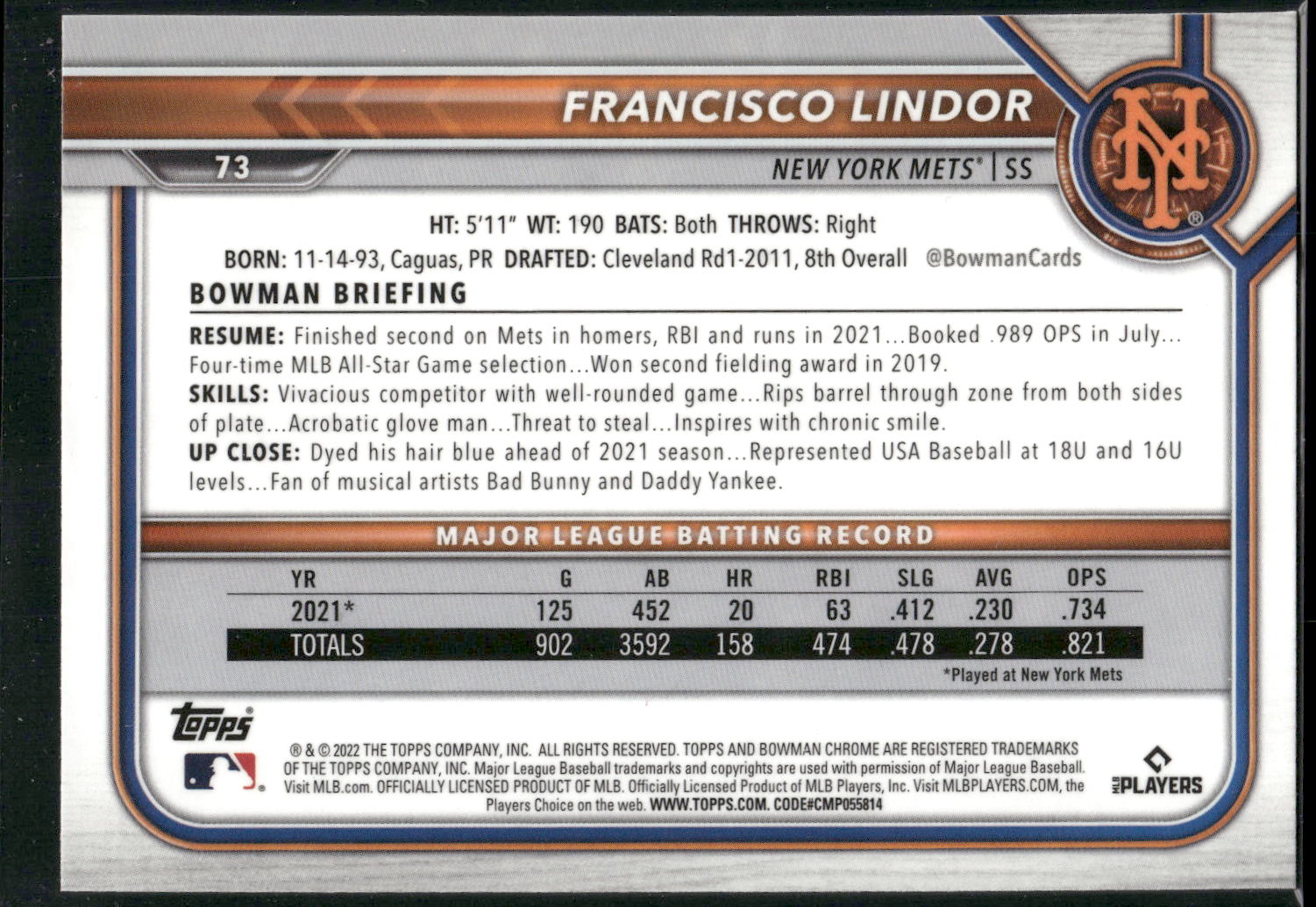 2022 Bowman Chrome #73 Francisco Lindor