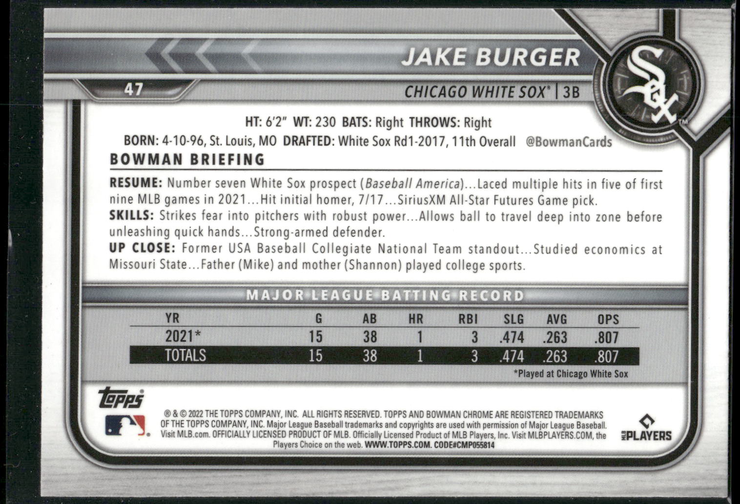 2022 Bowman Chrome #47 Jake Burger