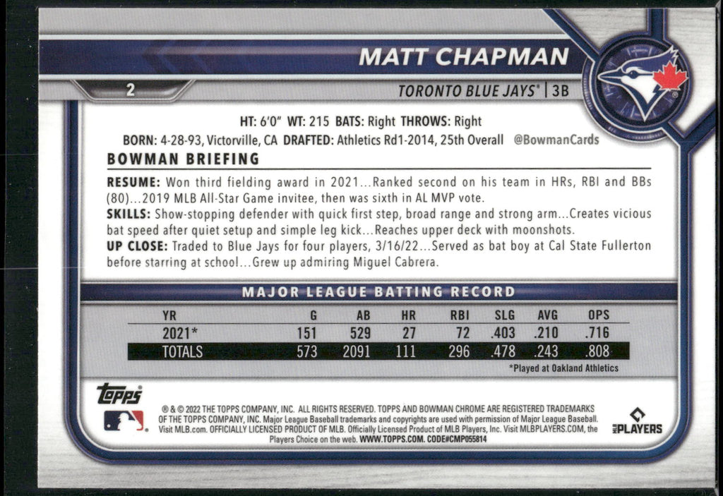 2022 Bowman Chrome #2 Matt Chapman