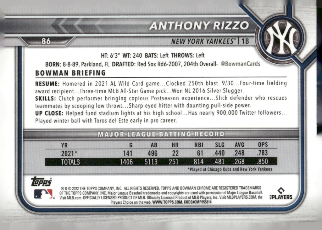 2022 Bowman Chrome #86 Anthony Rizzo