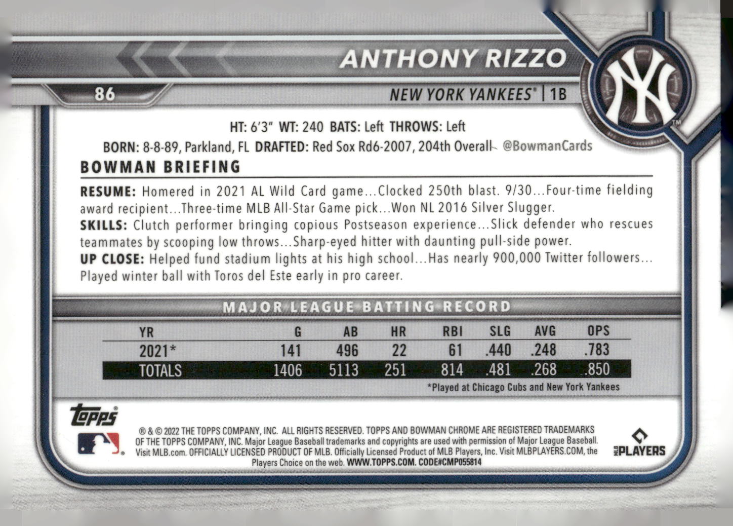 2022 Bowman Chrome #86 Anthony Rizzo