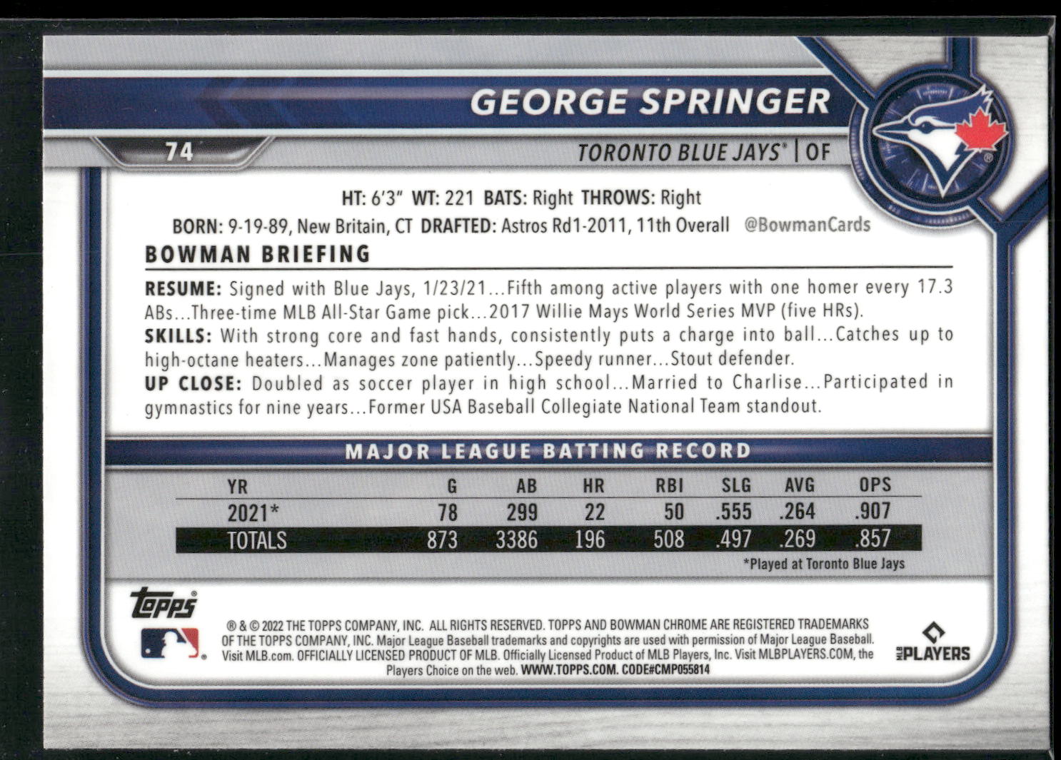 2022 Bowman Chrome #74 George Springer