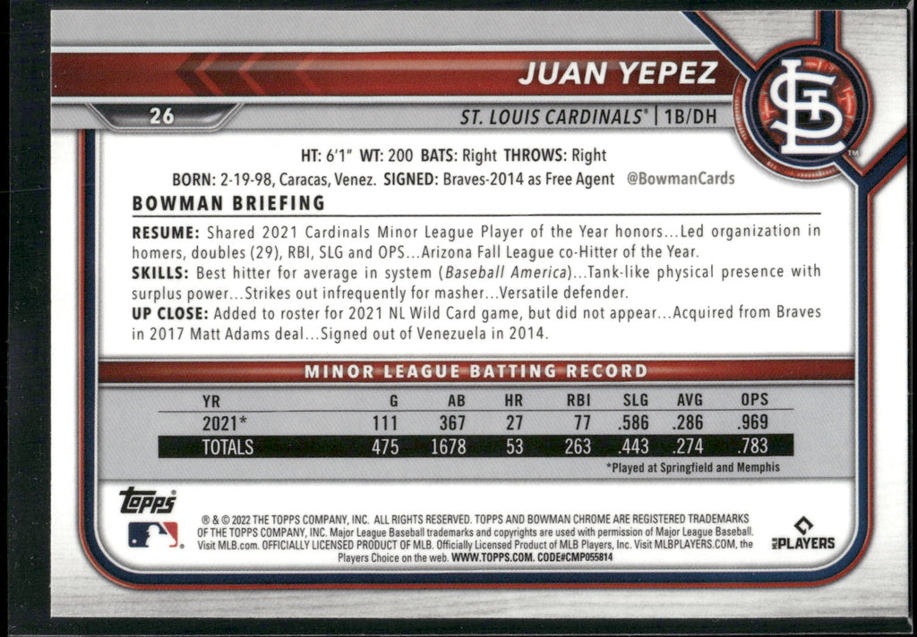 2022 Bowman Chrome #26 Juan Yepez