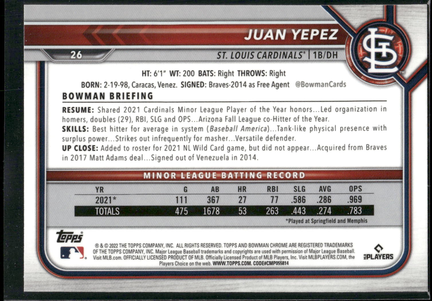 2022 Bowman Chrome #26 Juan Yepez