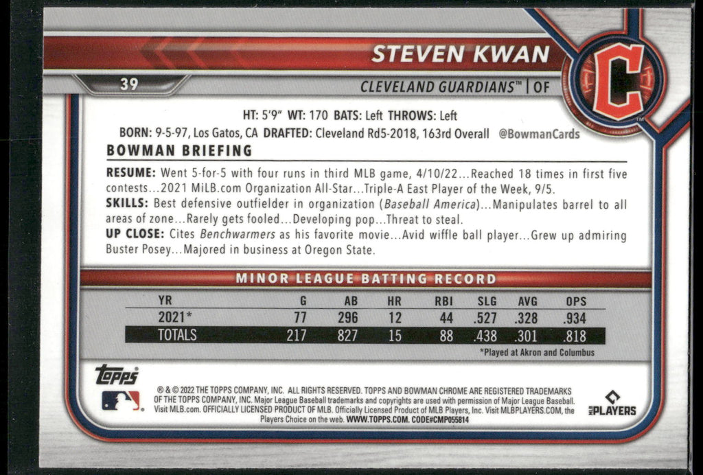 2022 Bowman Chrome #39 Steven Kwan
