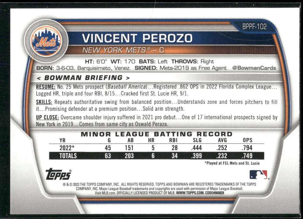2023 Bowman 1st Edition #BPPF-102 Vincent Perozo