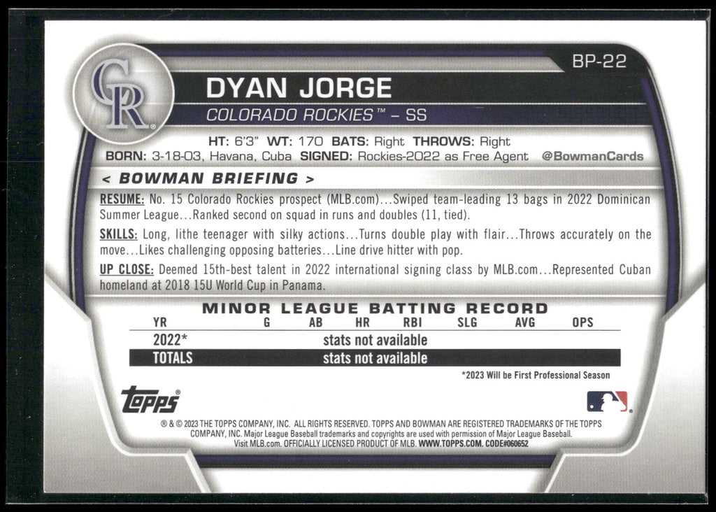 2023 Bowman #BP-22 Dyan Jorge Prospects