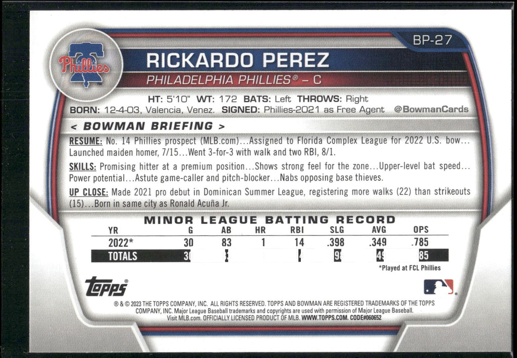 2023 Bowman #BP-27 Rickardo Perez Prospects