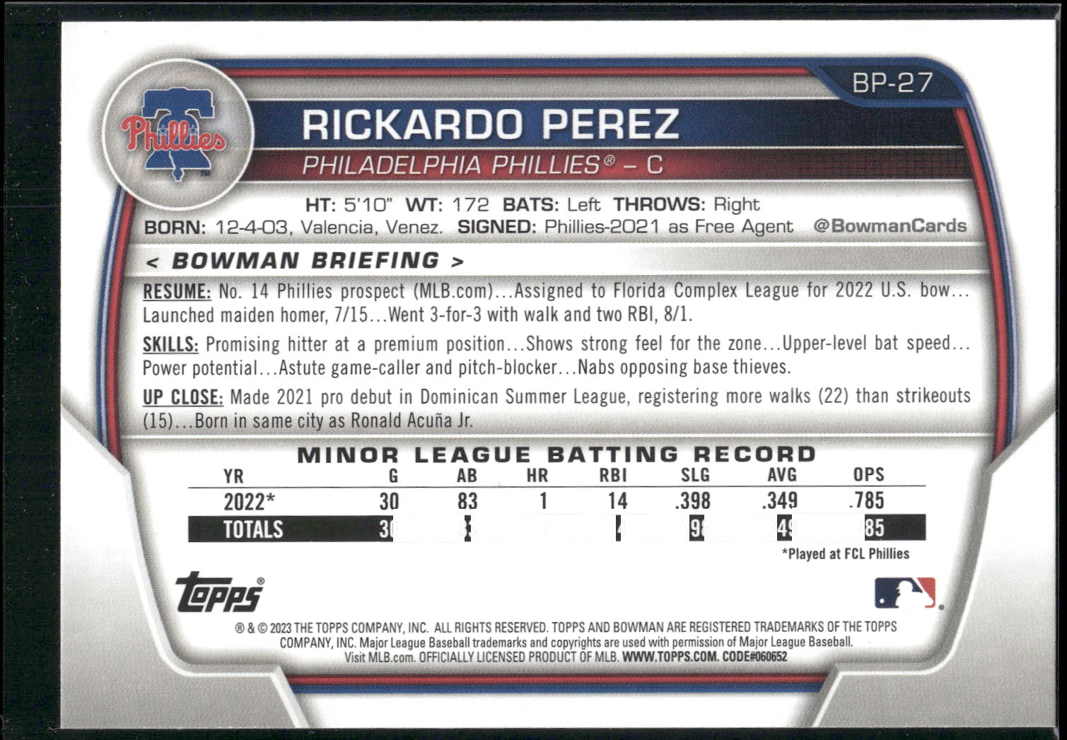 2023 Bowman #BP-27 Rickardo Perez Prospects