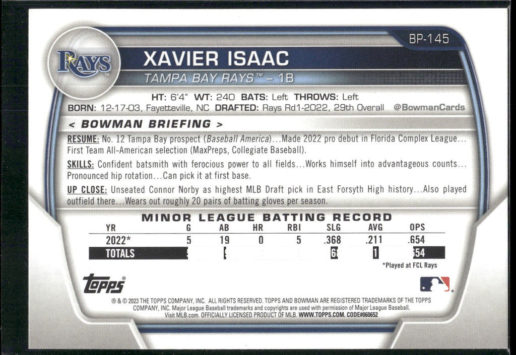 2023 Bowman #BP-145 Xavier Isaac Prospects