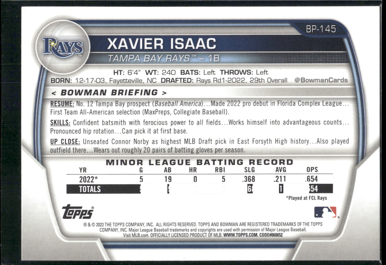 2023 Bowman #BP-145 Xavier Isaac Prospects