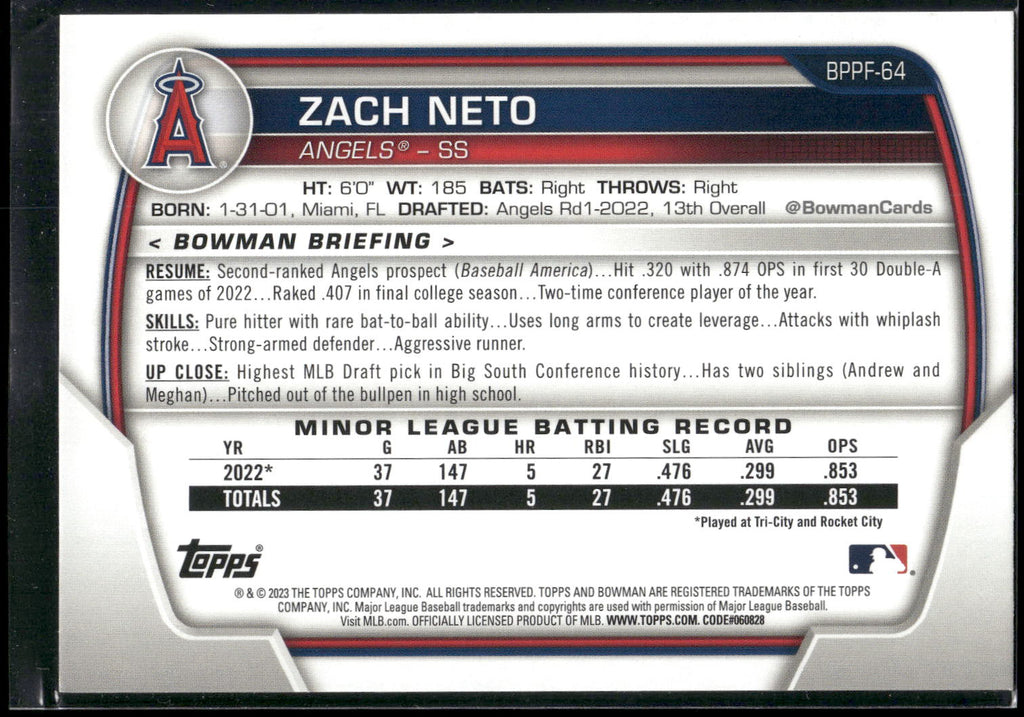 2023 Bowman 1st Edition #BPPF-64 Zach Neto