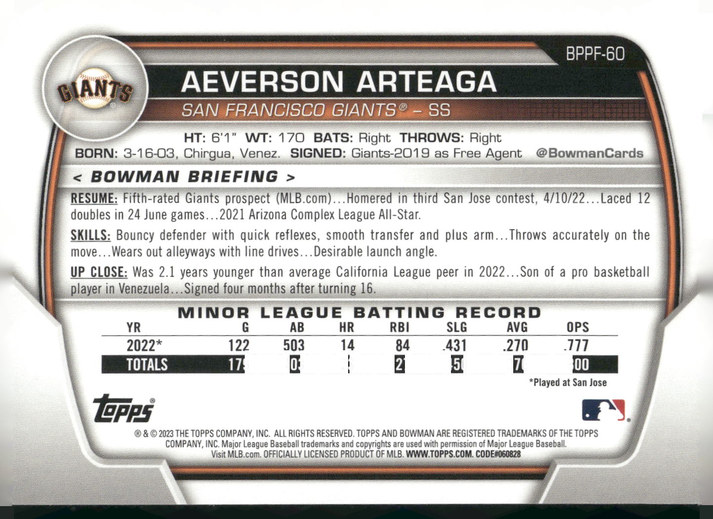 2023 Bowman 1st Edition #BPPF-60 Aeverson Arteaga