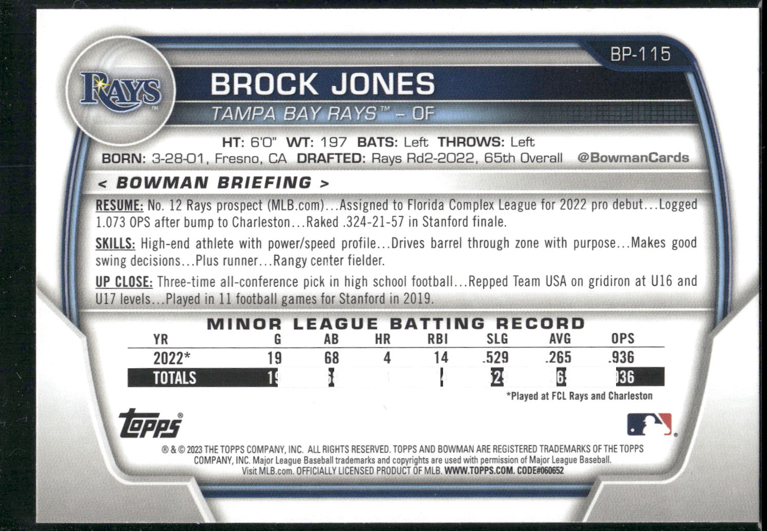 2023 Bowman #BP-115 Brock Jones Prospects