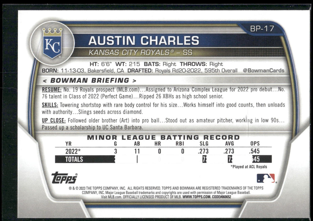 2023 Bowman #BP-17 Austin Charles Prospects