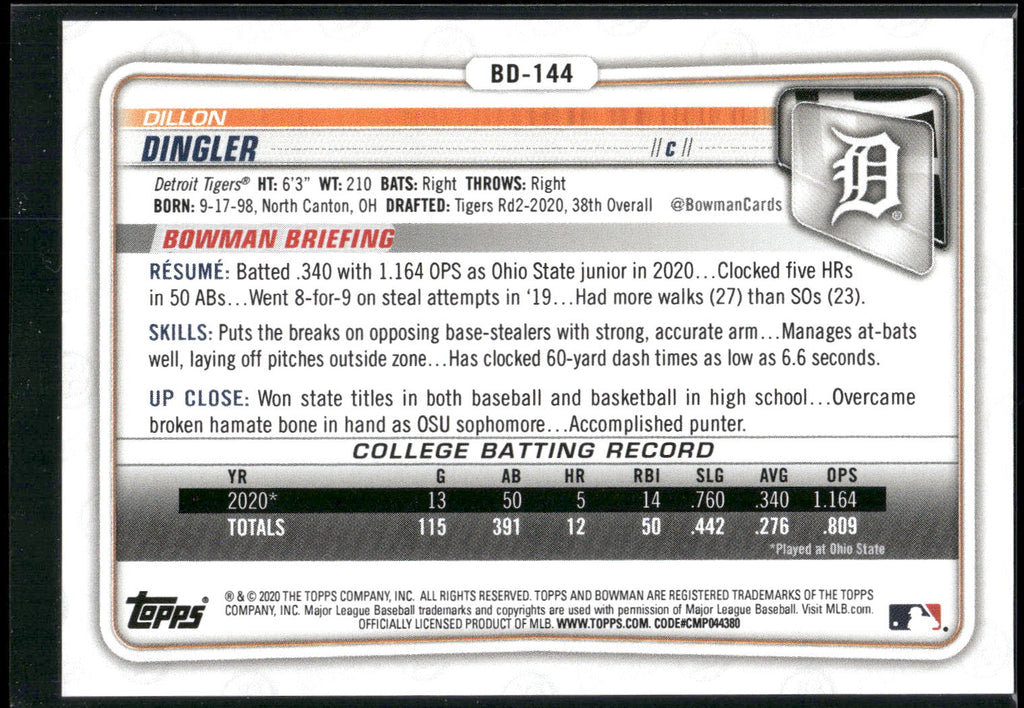 2020 Bowman Draft 1st Edition #BD-144 Dillon Dingler