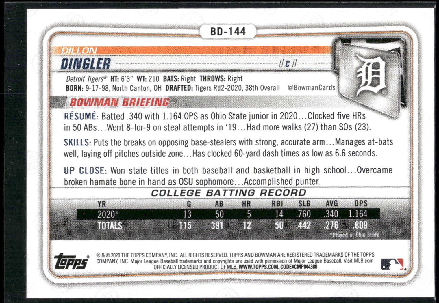 2020 Bowman Draft 1st Edition #BD-144 Dillon Dingler