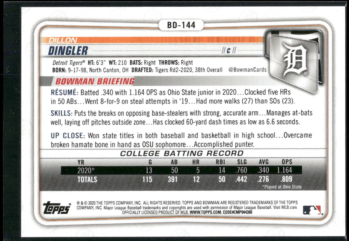 2020 Bowman Draft 1st Edition #BD-144 Dillon Dingler