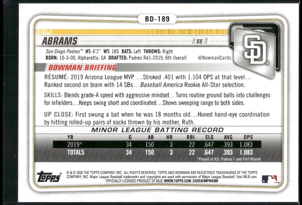 2020 Bowman Draft 1st Edition #BD-189 CJ Abrams