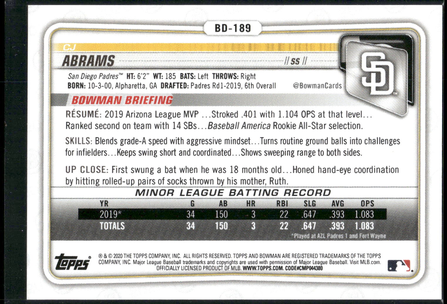 2020 Bowman Draft 1st Edition #BD-189 CJ Abrams