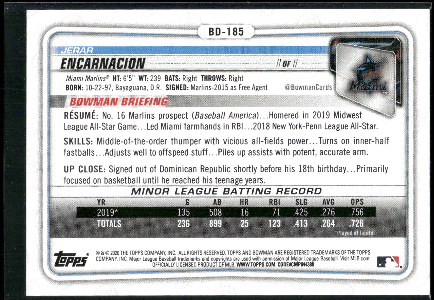 2020 Bowman Draft #BD-185 Jerar Encarnacion