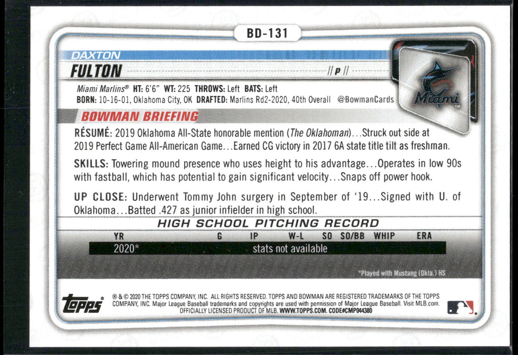2020 Bowman Draft 1st Edition #BD-131 Daxton Fulton