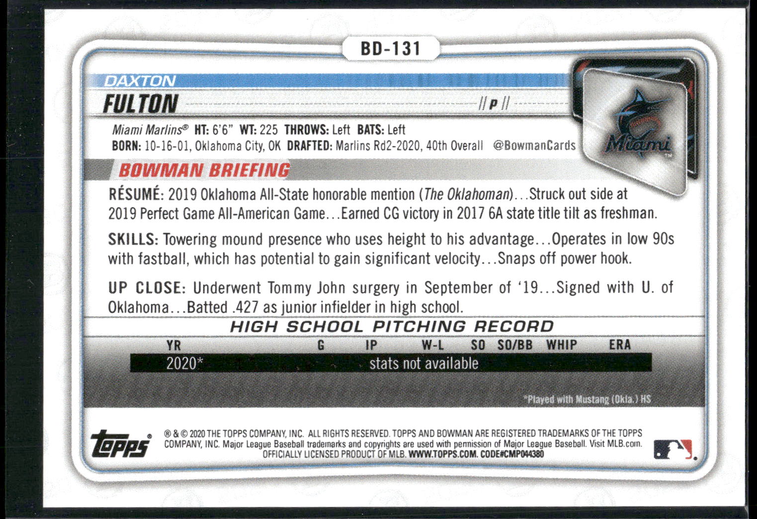 2020 Bowman Draft 1st Edition #BD-131 Daxton Fulton