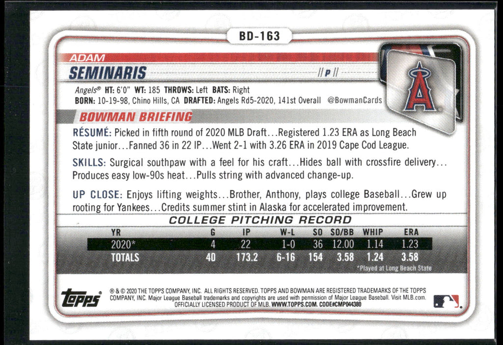 2020 Bowman Draft 1st Edition #BD-163 Adam Seminaris
