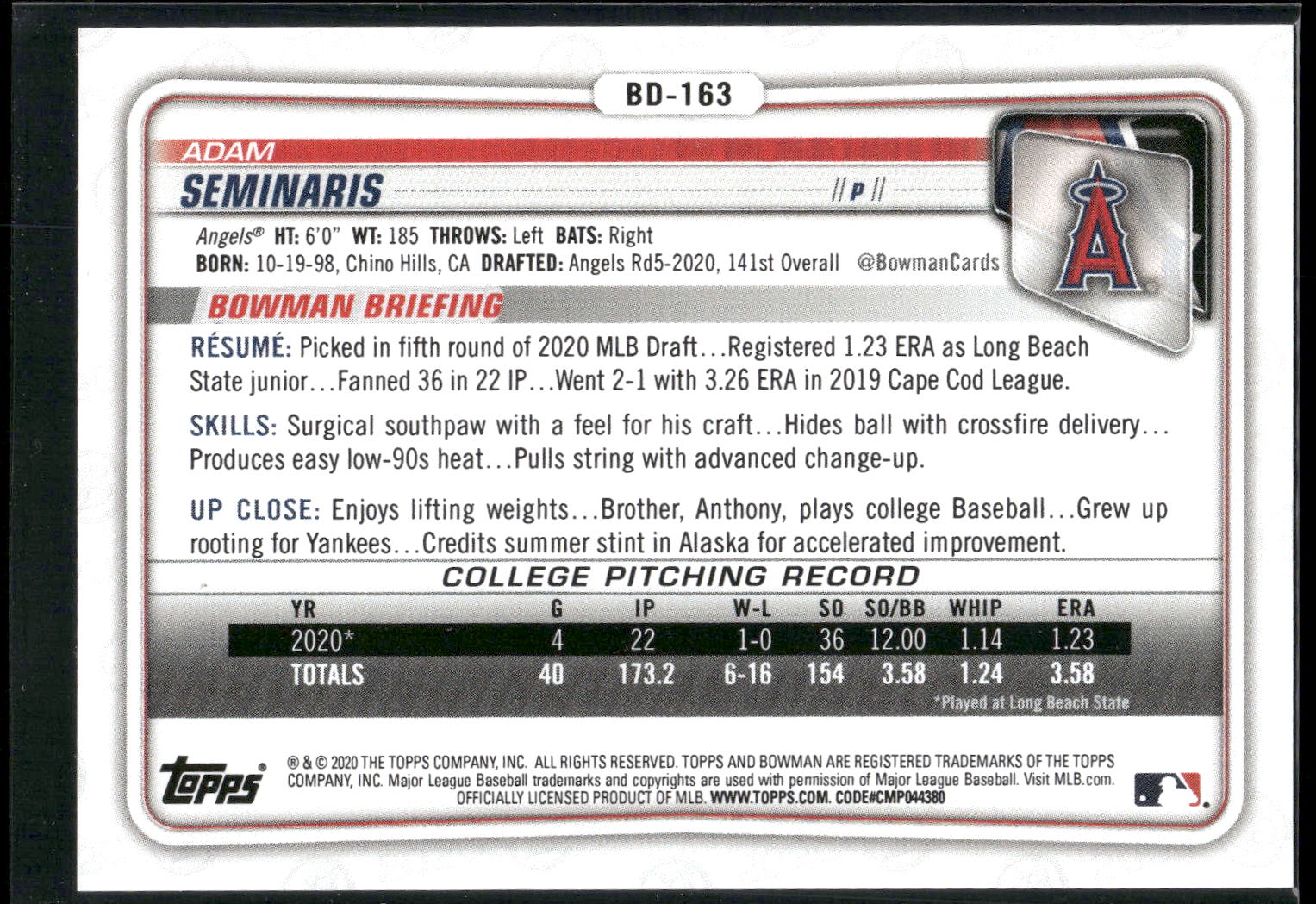 2020 Bowman Draft 1st Edition #BD-163 Adam Seminaris