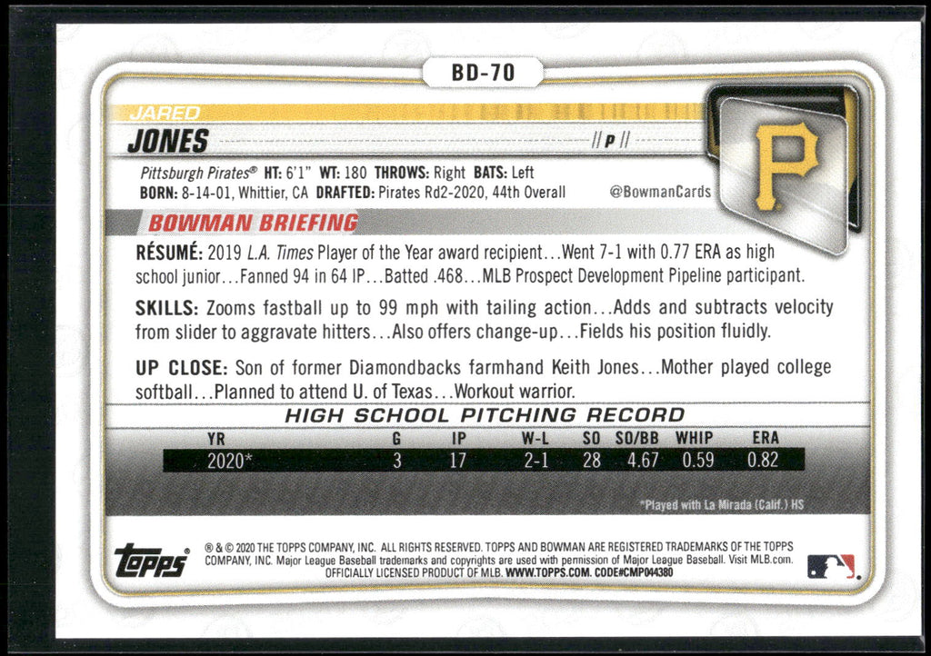 2020 Bowman Draft 1st Edition #BD-70 Jared Jones