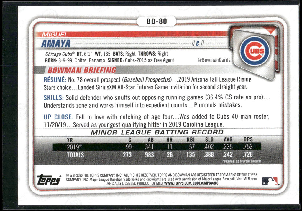 2020 Bowman Draft 1st Edition #BD-80 Miguel Amaya