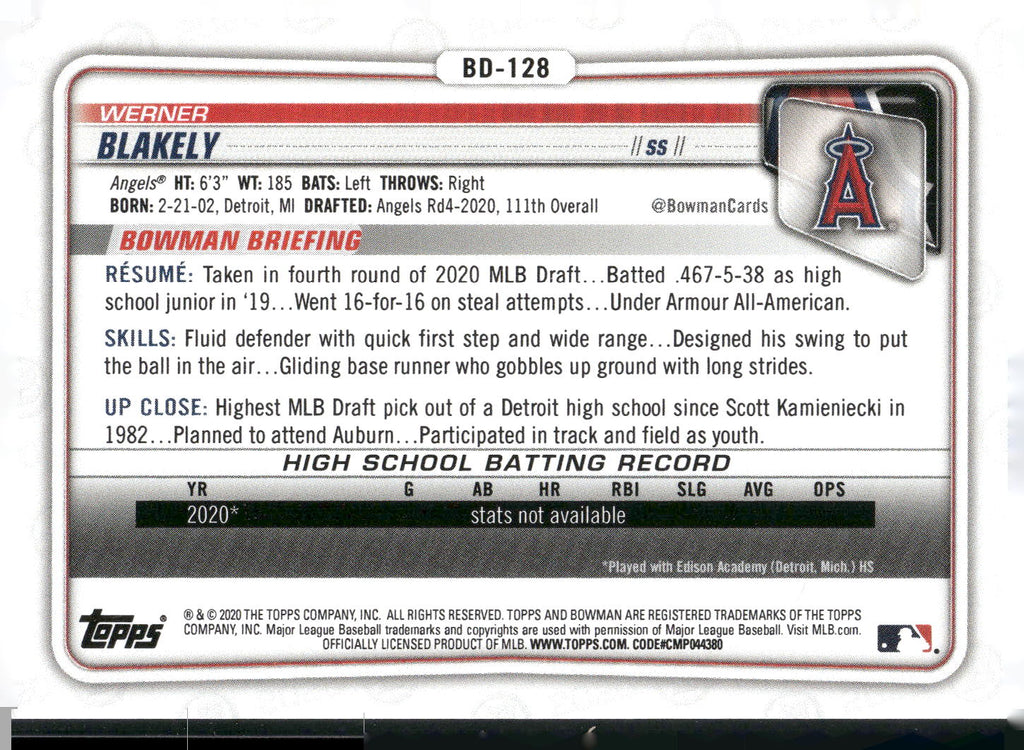 2020 Bowman Draft 1st Edition #BD-128 Werner Blakely