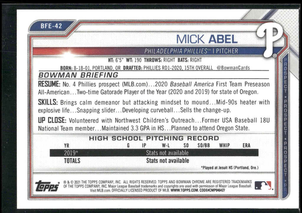 2021 Bowman 1st Edition #BFE-42 Mick Abel