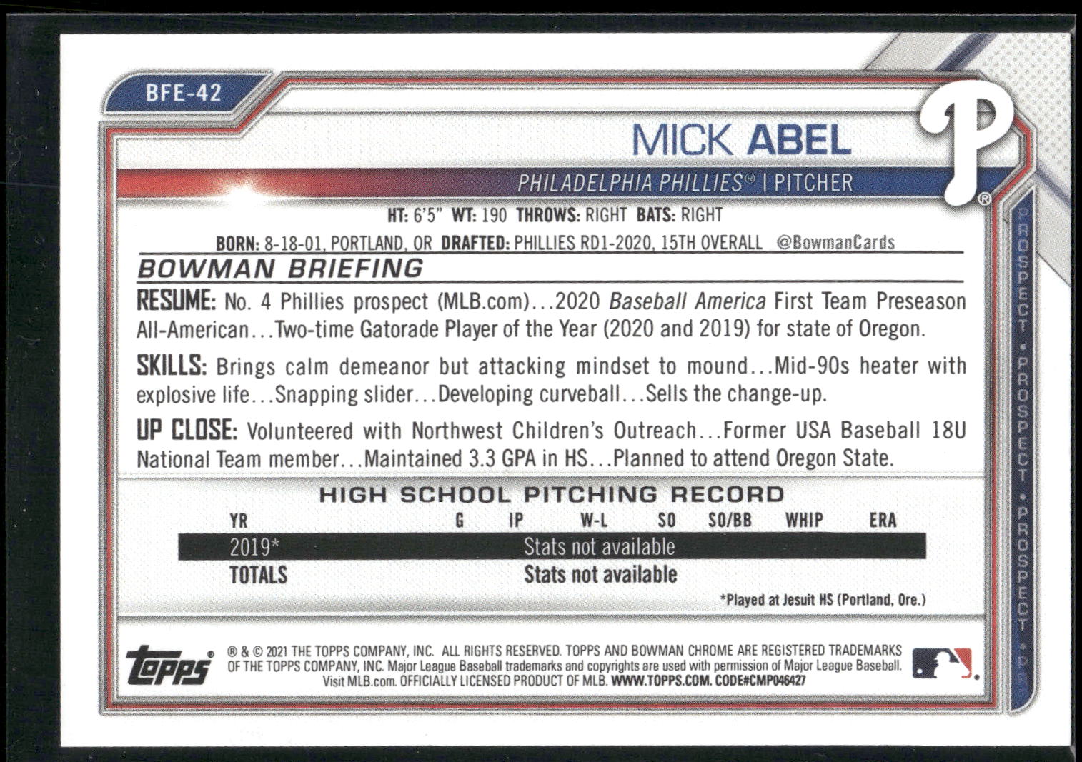 2021 Bowman 1st Edition #BFE-42 Mick Abel
