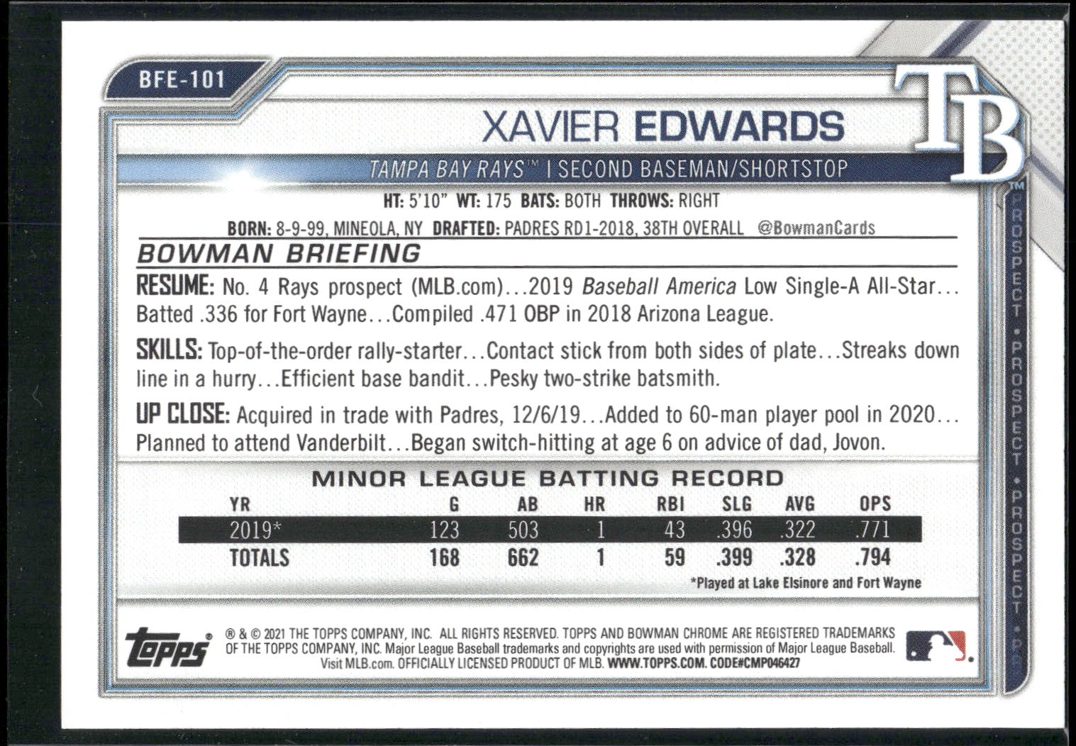 2021 Bowman 1st Edition #BFE-101 Xavier Edwards