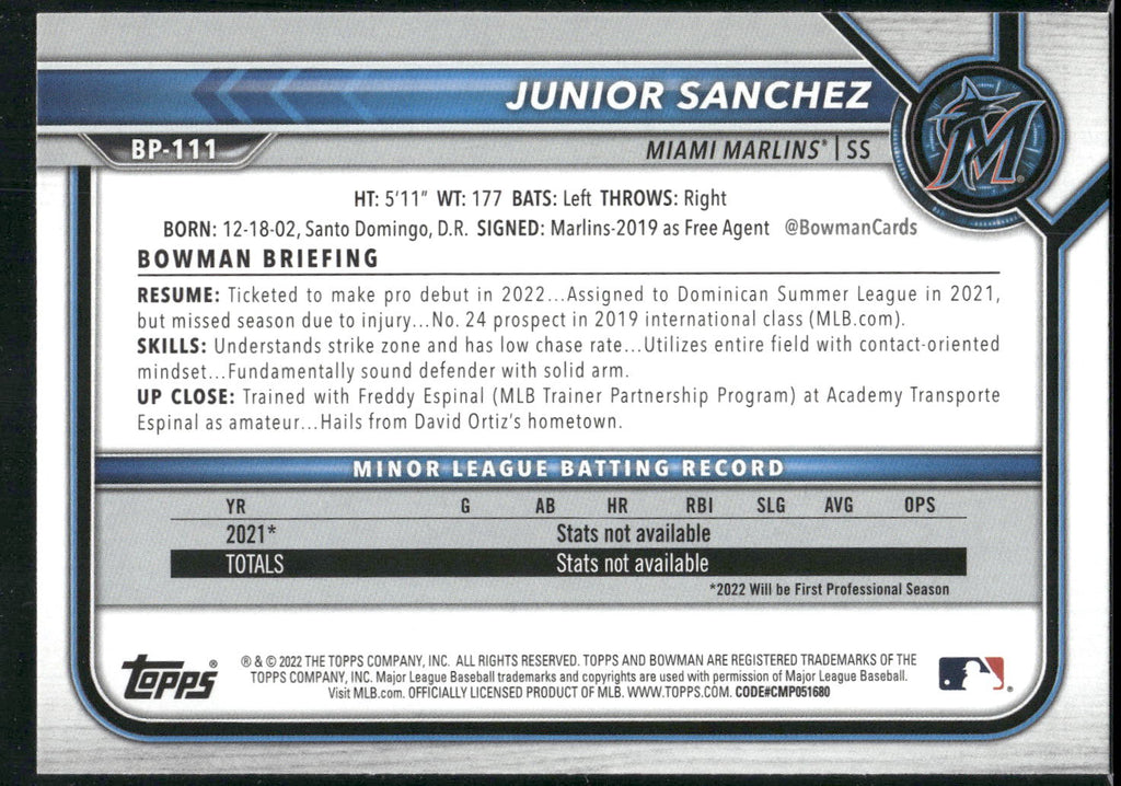 2022 Bowman #BP-111 Junior Sanchez Prospects