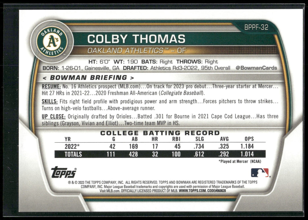 2023 Bowman 1st Edition #BPPF-32 Colby Thomas