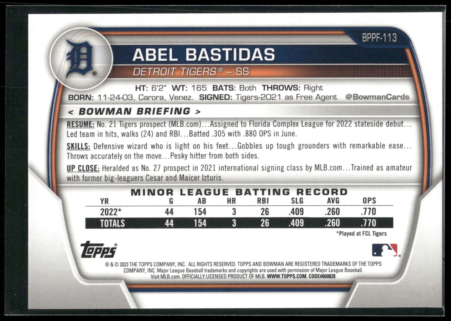 2023 Bowman 1st Edition #BPPF-113 Abel Bastidas