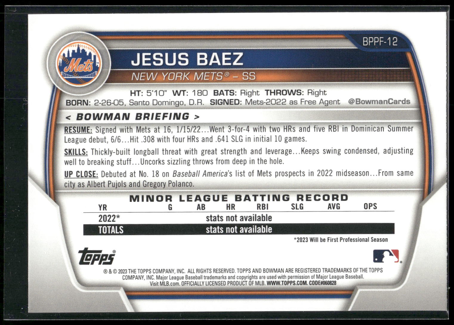 2023 Bowman 1st Edition #BPPF-12 Jesus Baez