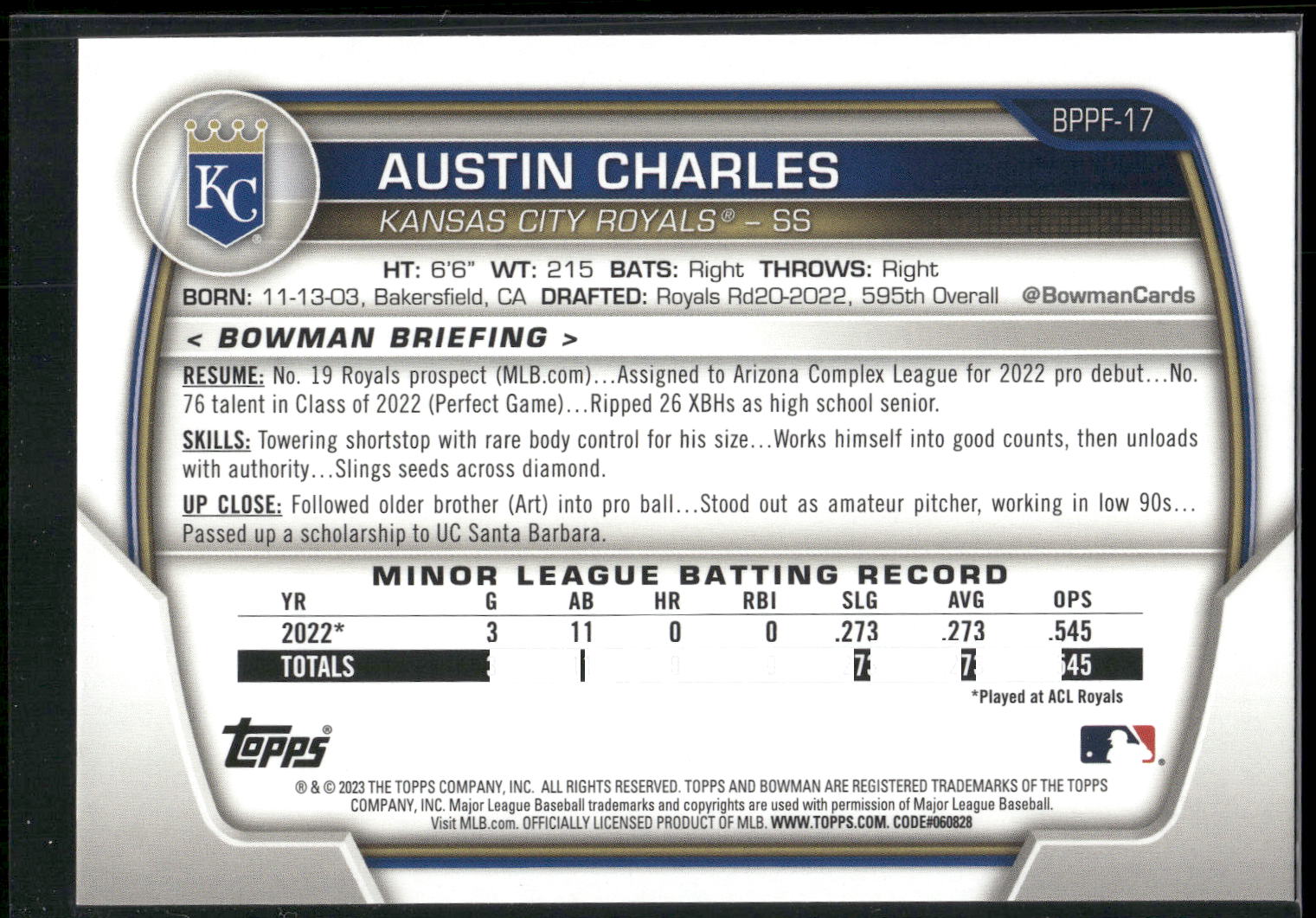 2023 Bowman 1st Edition #BPPF-17 Austin Charles