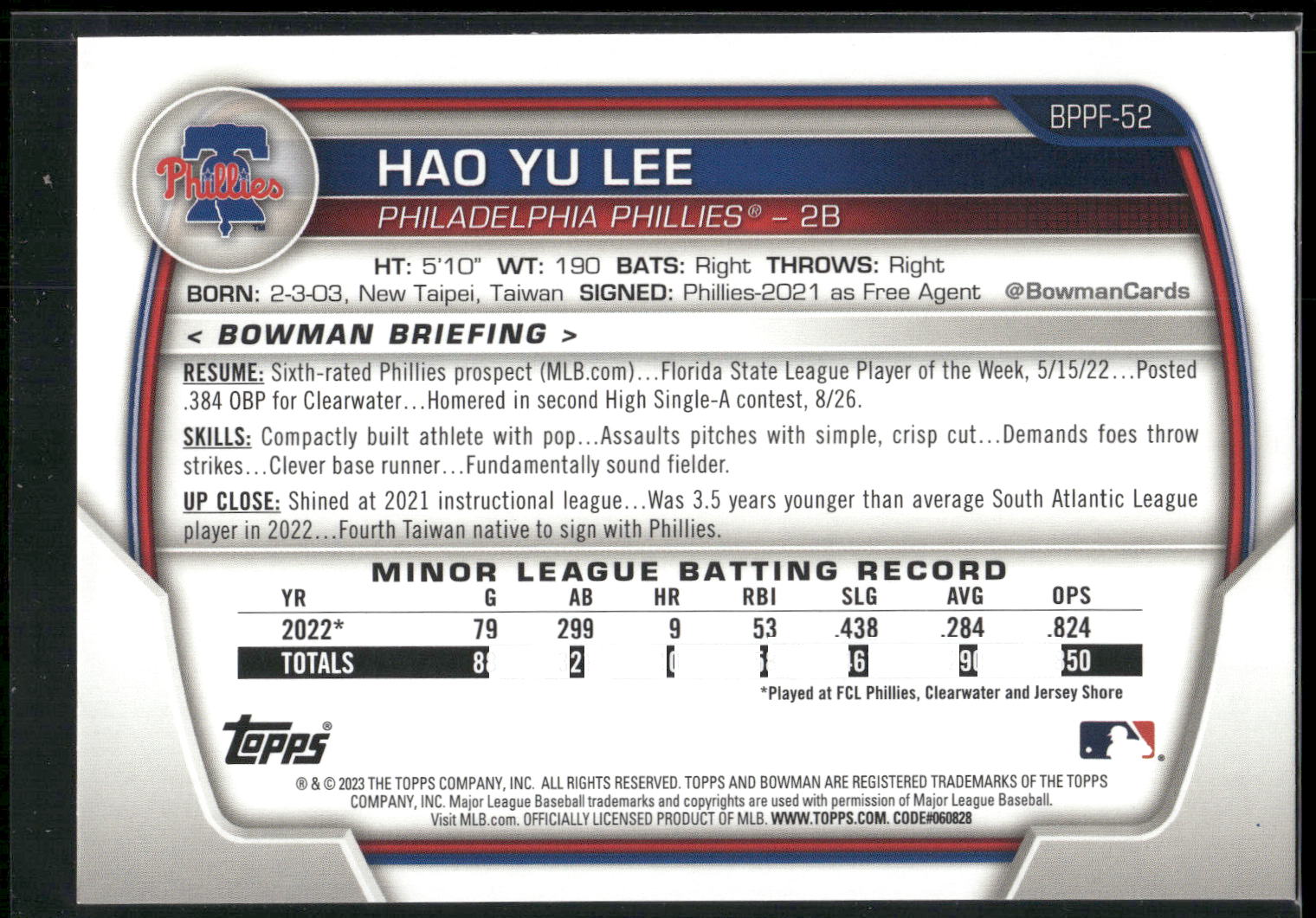 2023 Bowman 1st Edition #BPPF-52 Hao Yu Lee